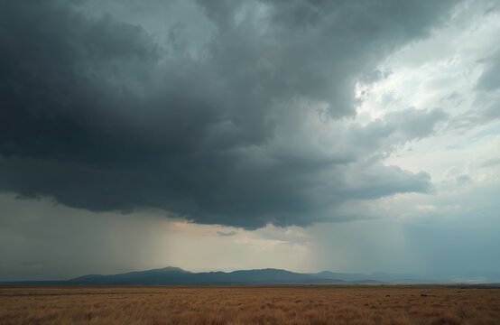Storm clouds above dry field. Dark rain storm sky above hills. Nature landscape with grass during bad weather, dramatic sky with dark clouds. Storm clouds before rain.