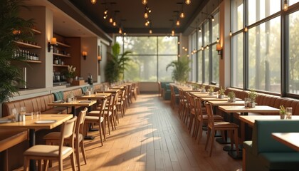 Modern restaurant interior design. Empty dining hall with tables chairs. Large windows with natural light create warm atmosphere. Stylish wooden furniture. Cozy, fashionable, luxury eatery.