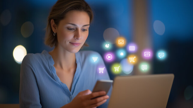 A professional woman engaging in digital marketing strategies at work