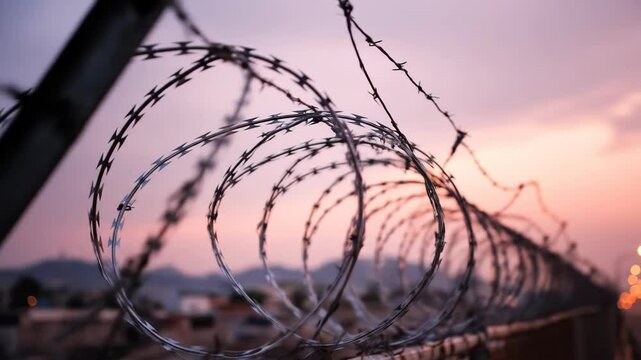 Razor wire fence with sharp blades, barbed wire along border under twilight sky, security concept. This is a footage.