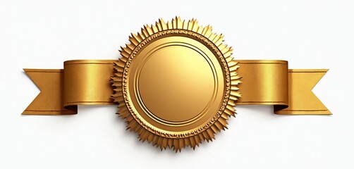 Golden seal illustration featuring intricate design with gold ribbons isolated on white background. Emblem award certificate. Decorative luxury element, symbol of achievement, success, guarantee.