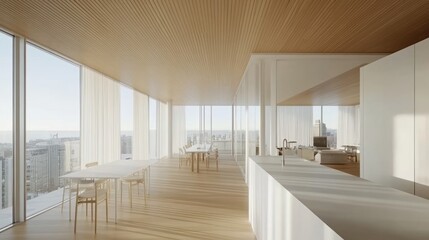 Modern, minimalist apartment interior design with natural light.