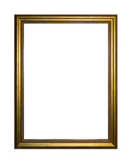 Elegant vintage gold frame with ornate baroque carvings, isolated on a white background. The...