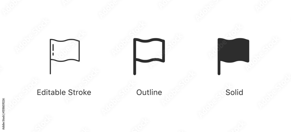Poster flag icon styles (editable stroke, outline, solid) in minimal vector design, ideal for ui/ux, apps, 