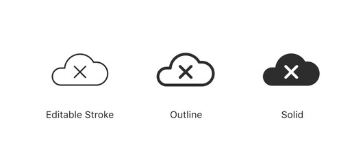 Cloud error icon in editable stroke, outline, and solid styles, indicating a problem, failure, or disconnection with cloud services