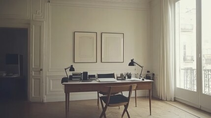 A minimalist study room with natural light and two framed artworks.