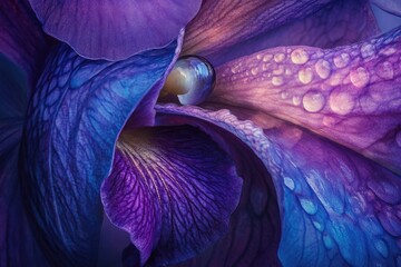 Close-up on an iris flower, showcasing vibrant purple petals adorned with glistening water droplets, capturing intricate textures.
