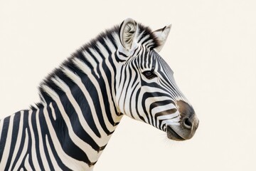 Majestic zebra portrait showcasing striking black and white stripes on light background