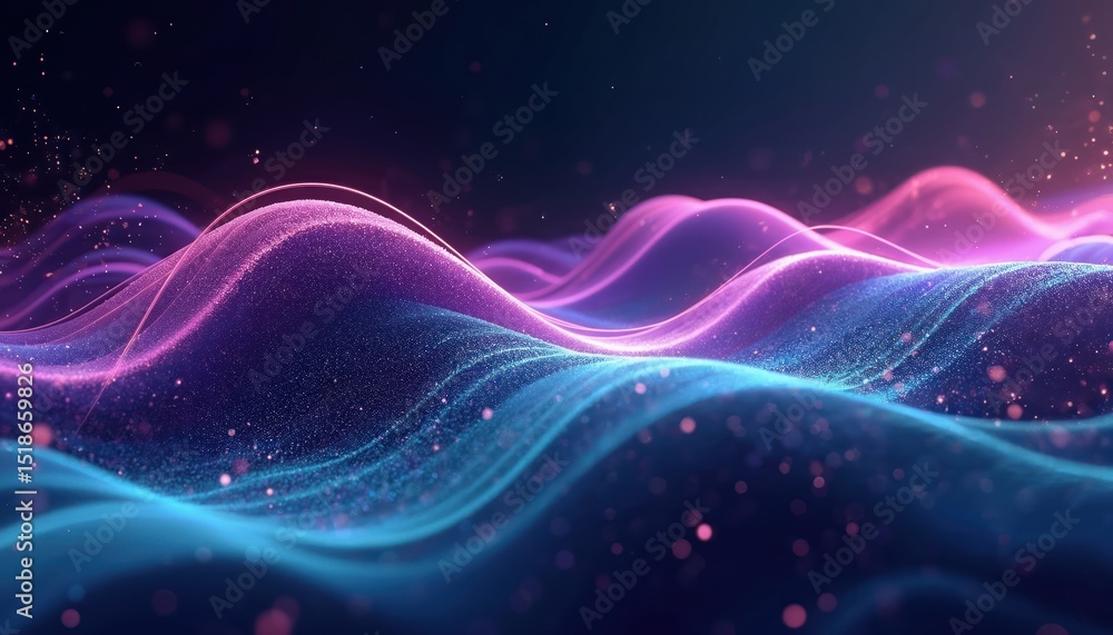 Poster abstract digital illustration depicts flowing waves of purple and turquoise lines. dynamic design cr