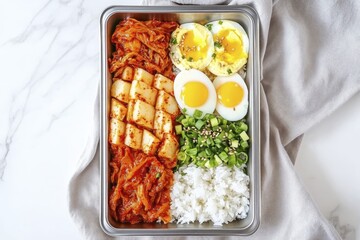 Korean bento box with kimchi, rice, soft-boiled eggs, and vegetables on marble background