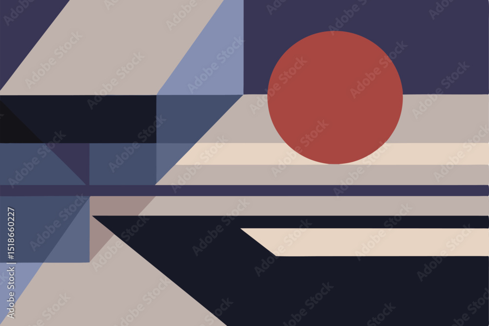 Poster abstract geometric composition featuring a red circle and layered triangles in neutral tones
