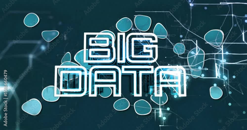 Poster scattering turquoise shapes starting inward motion, forming loop around pulsing circuits, big data
