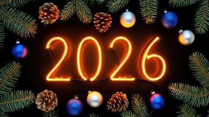 2026 glowing numbers with Christmas tree branches, pine cones and baubles on black background for New Year and holiday design