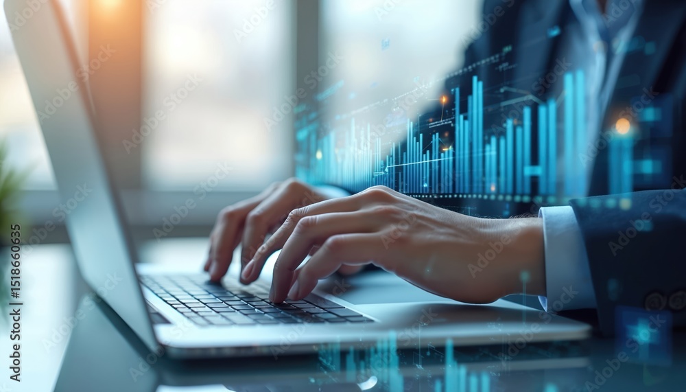 Poster businessman uses business analytics software with data visualization, ai-driven insights. analyzing 