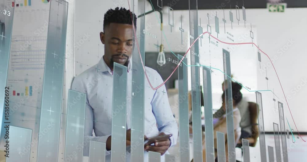 Poster man tapping smartphone and analyzing finance data in office with translucent bar graphs updating