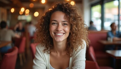 Obraz premium Woman enjoys moment in cafe smiling at camera. Restaurant interior with cozy atmosphere and soft bokeh lights in background. Portrait of happy person sitting at table.