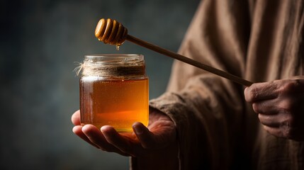  Golden Sweetness: A Hand Presenting a Jar of Pure Honey with a Dripping Wooden Dipper