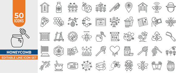 Honey Comb 50 Line Vector Icons – Beekeeping, Honey Production, Bee Hives & Apiculture Tools. Editable Stroke