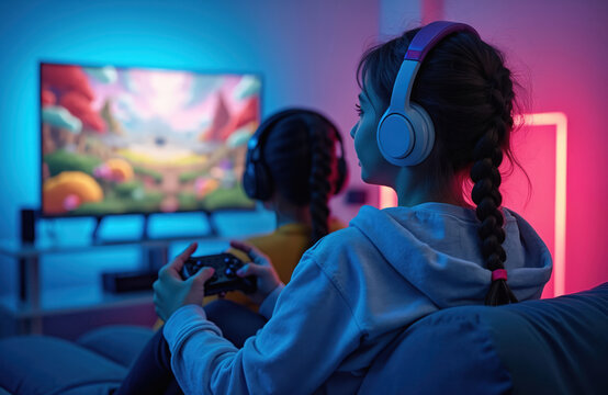 Young girl plays video game with friends in evening at home. Player holds gamepad. Back view. Teens enjoy fun entertainment, online competition. Neon lights. Cyber sport.
