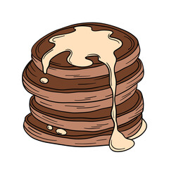 Appetizing and delicious sweet baked cacao chocolate pancakes with condensed milk syrup. Bakery breakfast sweet treats dessert. Outline food art