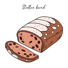 Appetizing and delicious sweet baked stollen, christmas bread sliced. Bakery breakfast sweet treats dessert. Outline food art