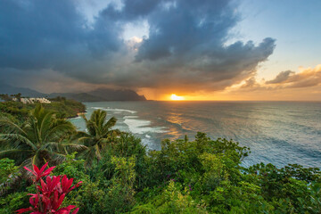 Scenic view of north shore of Hawaiian island of Kauai with its famous Napali coast at sunset © A. Emson