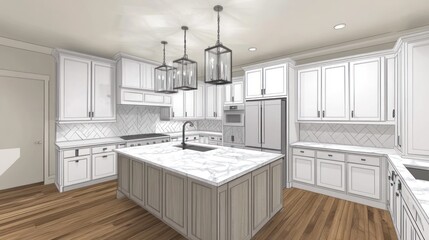 Fototapeta premium Modern kitchen design rendering with light beige cabinets.