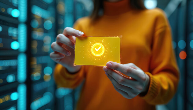 Person using credit card through digital interface with verification symbol. Fintech internet banking concept. Secure online payment process, financial transaction. Innovation, digital tech,