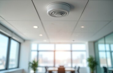 Modern smoke detector installed in an office ceiling. White fire alarm system for fire safety prevention. Emergency alert in commercial building, workplace. Focus on detail, interior design.