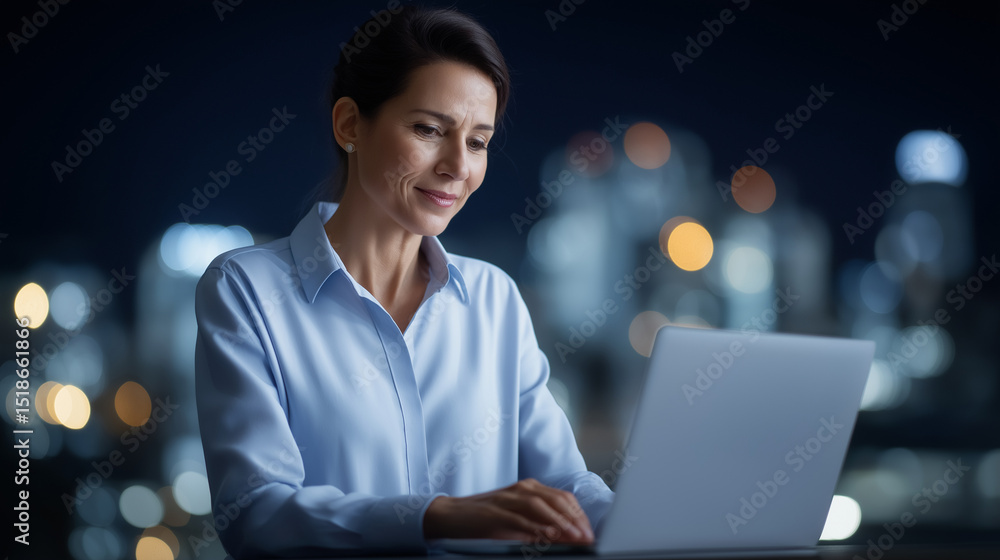 Poster efficient businesswoman using erp for data integration in modern office