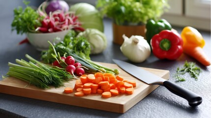 Colorful vegetables and fresh herbs being prepared for a healthy meal in a bright kitchen
