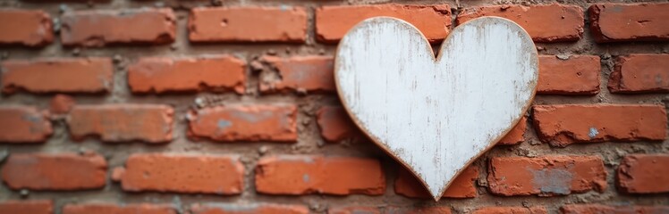 Heart-shaped artwork on rustic red brick wall adds charm urban decor. Weathered white paint wooden heart attached to weathered brick wall. Art decor for Valentine Day cards, love theme.
