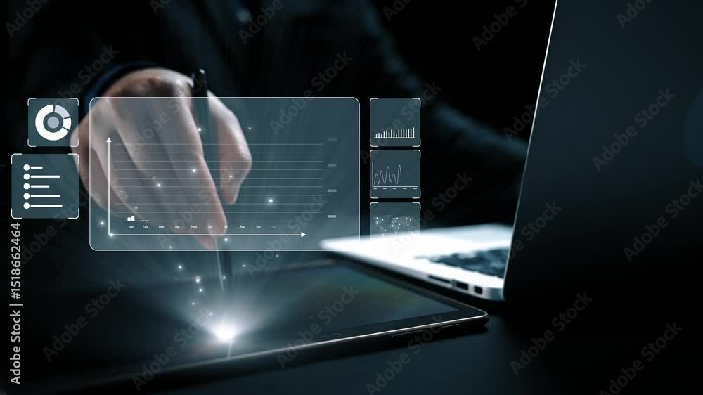 Poster business person delve into data analytics to uncover trends and insights from predictive big data mo