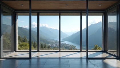 Fototapeta premium Panoramic mountain view from modern window. Contemporary architecture with large windows offers scenic landscape. Interior design concept with natural light, scenic vistas. Building, dwelling