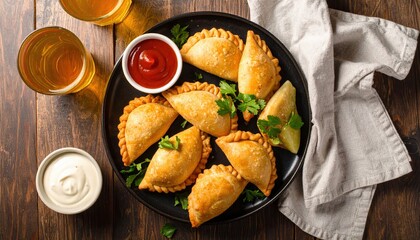 Golden Brown Empanadas with Dips and Beer, Overhead Shot