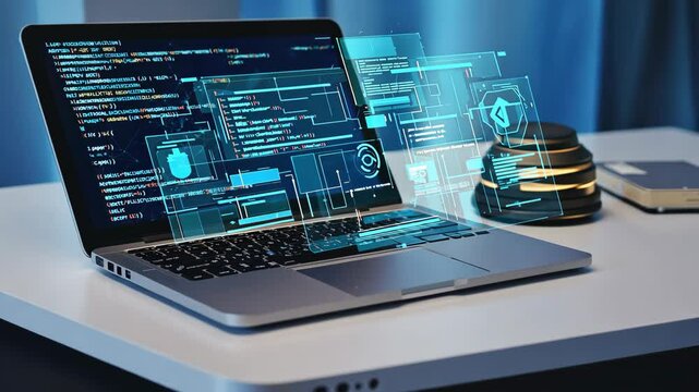 Software, web development, programming concept. Abstract Programming language and program code on screen laptop. Laptop and icons company network . Technology process of Software develo. motion video.
