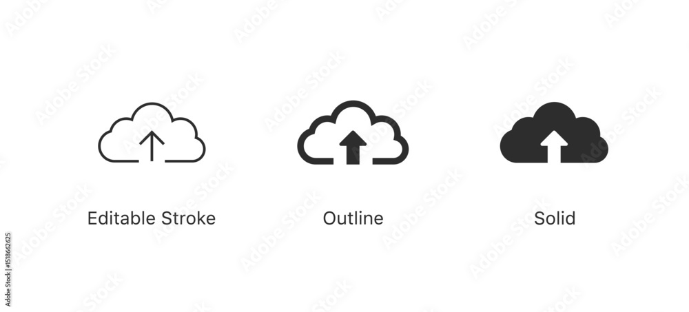 Poster Cloud upload icon arrow up symbol in editable stroke, outline, and solid styles, representing data transfer, import, and online storage.
