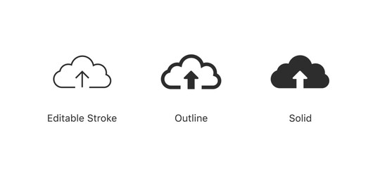 Cloud upload icon arrow up symbol in editable stroke, outline, and solid styles, representing data transfer, import, and online storage.