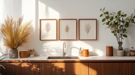 Sunlit kitchen with decorative plant prints and natural tones.