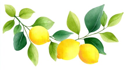 A refreshing watercolor illustration of lemons and green leaves evoking a summery mood presented on white with clean
