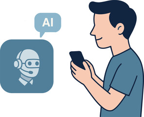 AI Customer Service Bot Assisting Person via Smartphone Flat Modern Vector Illustration