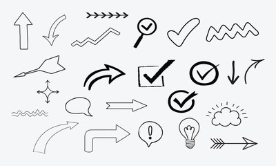 hand drawn arrows set, Arrows, Scribbles, and Doodles Set of Line Vector Style on White Background