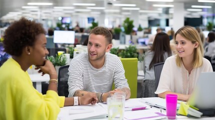 Collaboration among diverse team members in a modern office setting during a brainstorming session