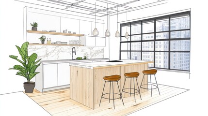 Modern kitchen design sketch with wood accents.