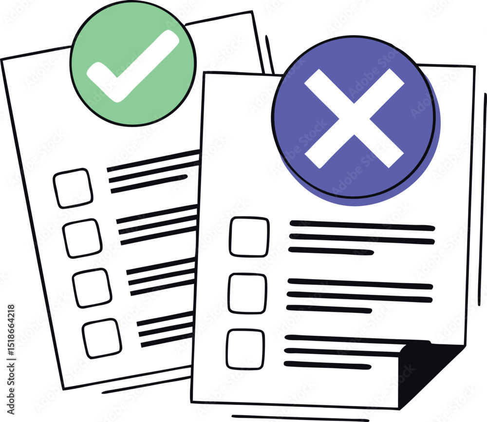 Poster checklists with approved and rejected symbols representing decision making processes