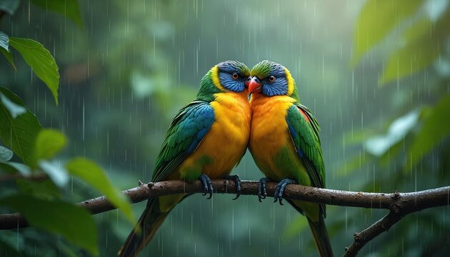 Illustration depicts two vibrant colorful parrots perched on branch in misty forest. Gentle rain falls. Lush green leaves enhance a tranquil rainforest scene. Peaceful moment, wildlife, nature scene.