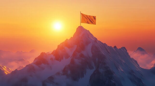 3D illustration of a mountain peak with a flag on top, dramatic sunset lighting, sun rays, and a gradient orange sky in the background.