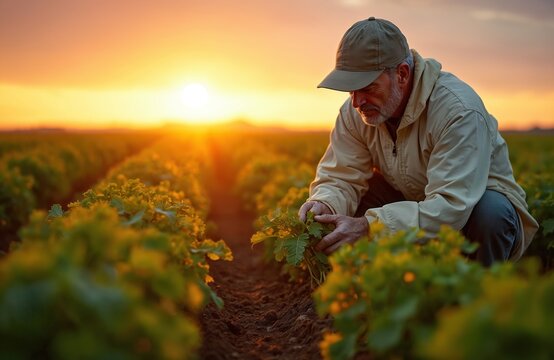 Agronomist inspects sugar beet plants during golden sunset. Farmer examines crops in field, checks growth. Agriculture eco farming. Sunlight harvest time. Healthy organic food.