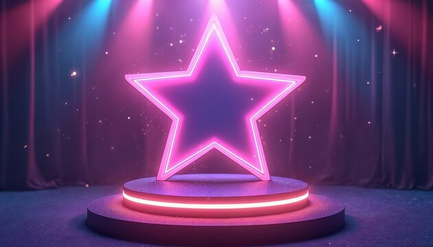 Illustration features vibrant star-shaped podium against music stage background. Neon lighting, spotlight creating glamorous, energetic atmosphere. Perfect visual element for concerts, events. Ideal