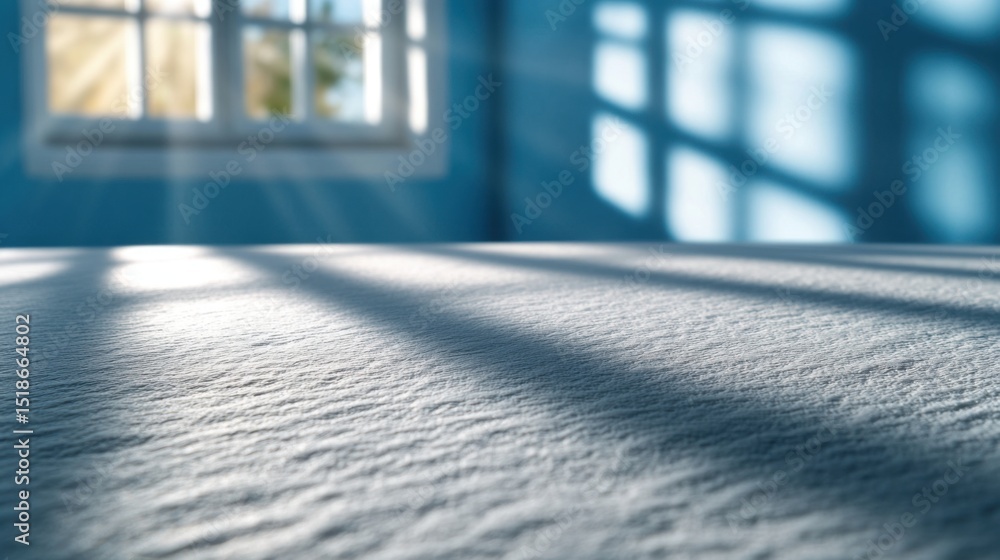 Poster sunlight filters through a window, casting soft shadows on a textured surface in a tranquil blue roo